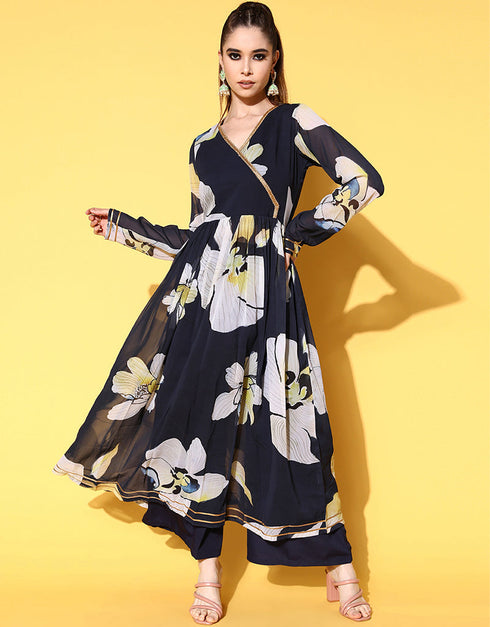 Navy Blue Georgette Suit Palazzo Closure View