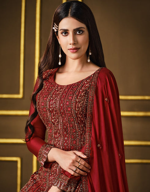 Red Pant style Suit 2 Tone Georgette Salwar Kameez in Sequins Cording Embroidery & Lace Work Closure View