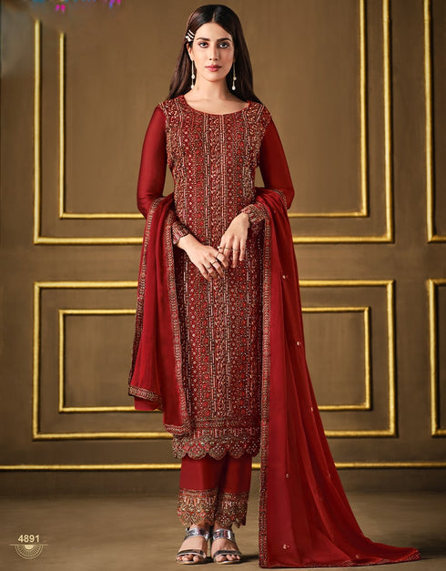 Red Pant style Suit 2 Tone Georgette Salwar Kameez in Sequins Cording Embroidery & Lace Work