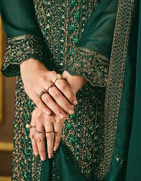 Green Pant style Suit 2 Tone Georgette Salwar Kameez in Sequins Cording Embroidery & Lace Work Closure View Embroidery Back side View