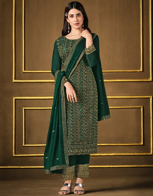 Green Pant style Suit 2 Tone Georgette Salwar Kameez in Sequins Cording Embroidery & Lace Work Closure View