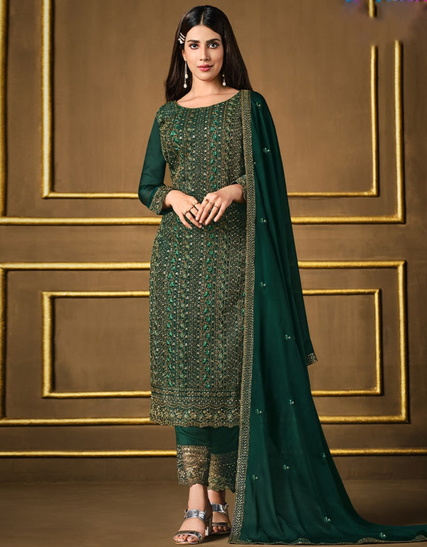 Green Pant style Suit 2 Tone Georgette Salwar Kameez in Sequins Cording Embroidery & Lace Work