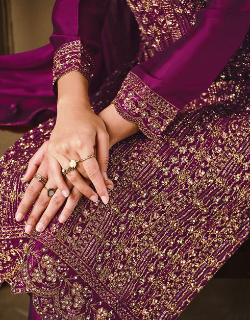 Purple Pant style Suit 2 Tone Georgette Salwar Kameez in Sequins Cording Embroidery & Lace Work Closure View Embroidery Back side View