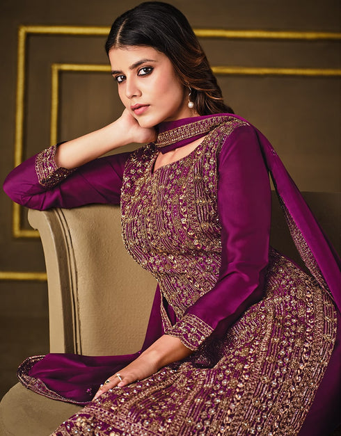 Purple Pant style Suit 2 Tone Georgette Salwar Kameez in Sequins Cording Embroidery & Lace Work Closure View Embroidery