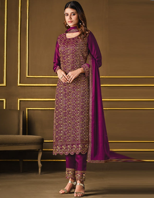 Purple Pant style Suit 2 Tone Georgette Salwar Kameez in Sequins Cording Embroidery & Lace Work