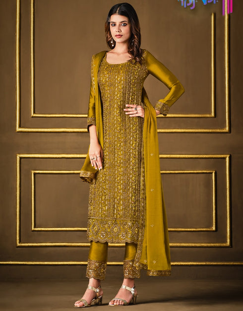 Mustard Pant style Suit 2 Tone Georgette Salwar Kameez in Sequins Cording Embroidery & Lace Work Closure View