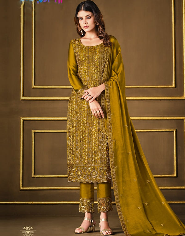 Mustard Pant style Suit 2 Tone Georgette Salwar Kameez in Sequins Cording Embroidery & Lace Work