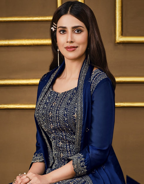 Blue Pant style Suit 2 Tone Georgette Salwar Kameez in Sequins Cording Embroidery & Lace Work Closure View Embroidery