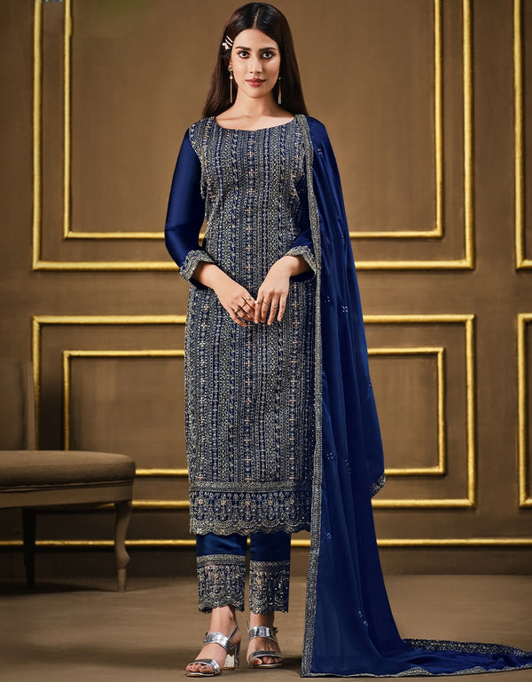 Blue Pant style Suit 2 Tone Georgette Salwar Kameez in Sequins Cording Embroidery & Lace Work