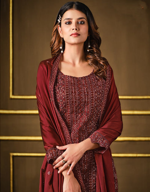 Dark Maroon Pant style Suit 2 Tone Georgette Salwar Kameez in Sequins Cording Embroidery & Lace Work Closure View Embroidery