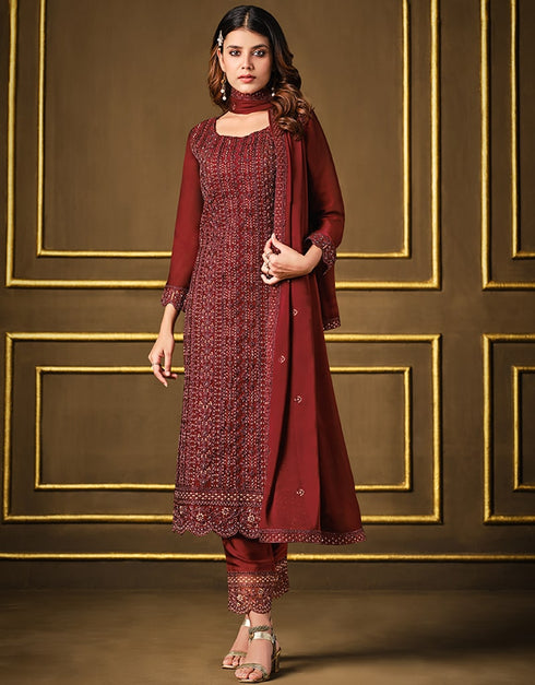 Dark Maroon Pant style Suit 2 Tone Georgette Salwar Kameez in Sequins Cording Embroidery & Lace Work Closure View