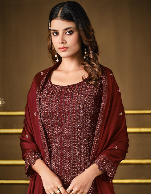 Dark Maroon Pant style Suit 2 Tone Georgette Salwar Kameez in Sequins Cording Embroidery & Lace Work Closure View Embroidery Back side View