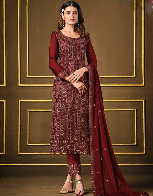Dark Maroon Pant style Suit 2 Tone Georgette Salwar Kameez in Sequins Cording Embroidery & Lace Work