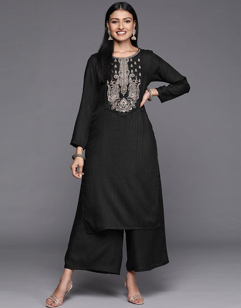 Black Faux Pashmina Straight Palazzo