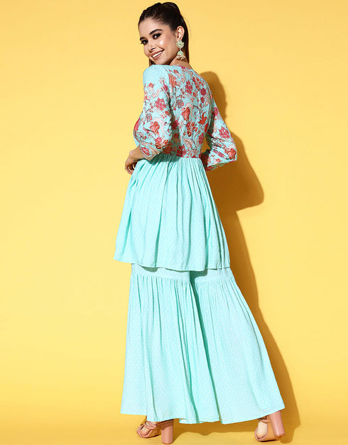 Aqua Blue Viscose Rayon Suit Sharara Women