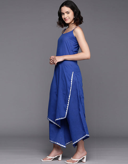 Royal Blue Pure Cotton Straight Palazzo Closure View