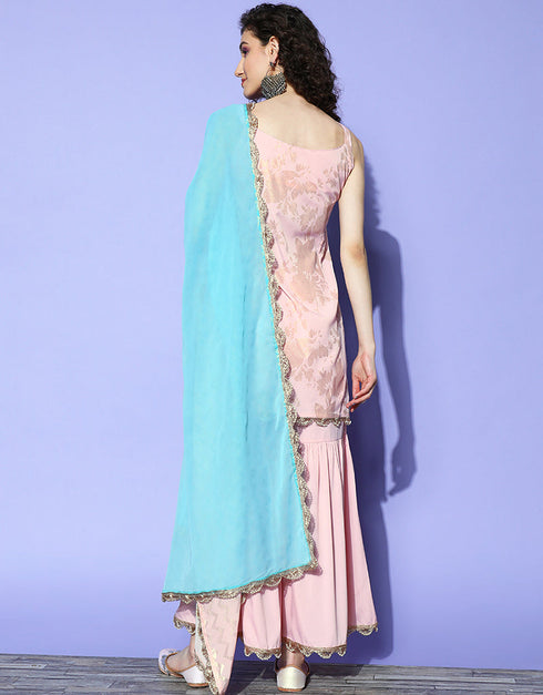Baby Pink Crepe Suit Sharara Closure View