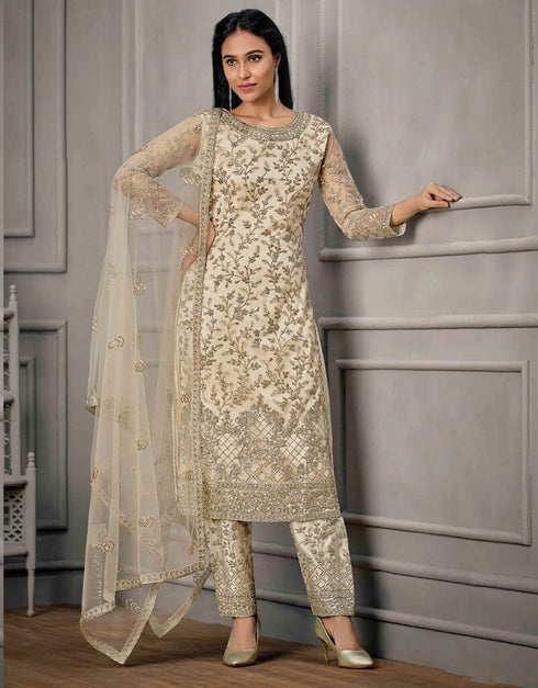 Cream Pant style Suit Butterfly Net Salwar Kameez in Cording Embroidery, Sequins & Lace Work