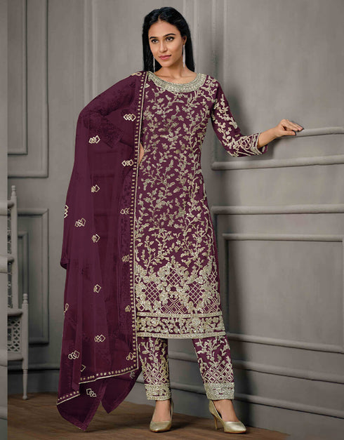 Purple Pant style Suit Butterfly Net Salwar Kameez in Cording Embroidery, Sequins & Lace Work