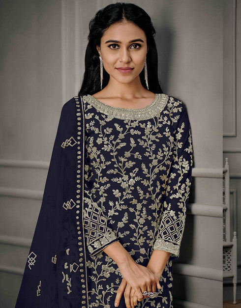 Blue Pant style Suit Butterfly Net Salwar Kameez in Cording Embroidery, Sequins & Lace Work Closure View