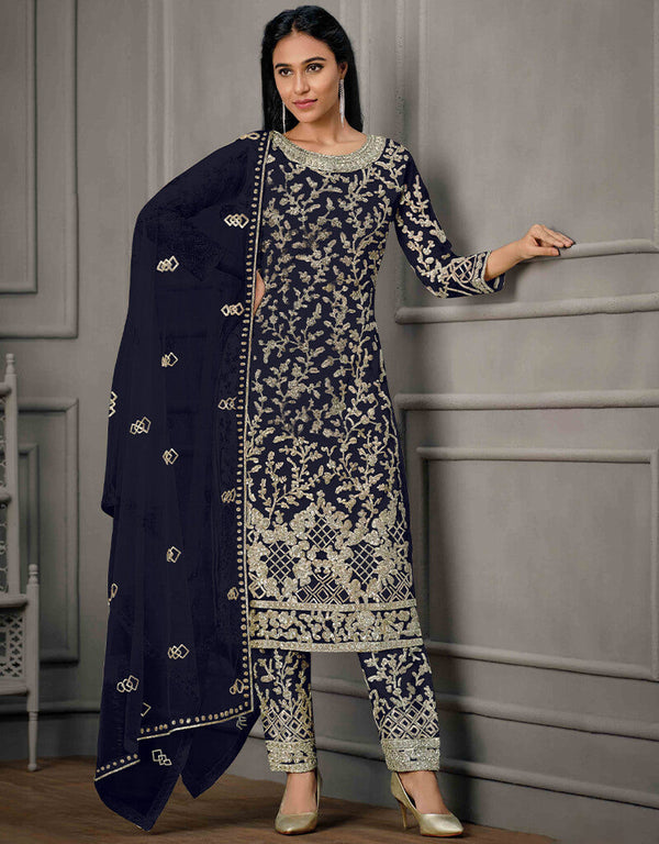 Blue Pant style Suit Butterfly Net Salwar Kameez in Cording Embroidery, Sequins & Lace Work