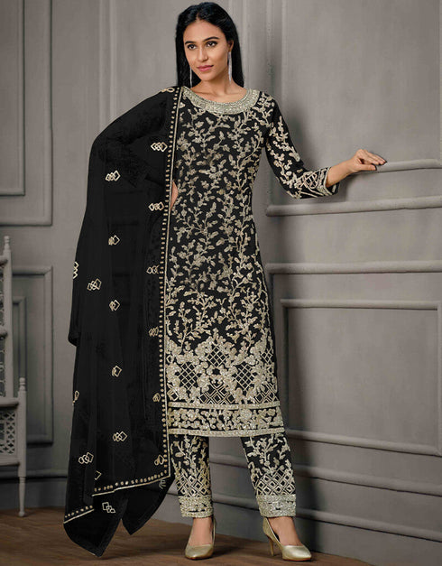 Black Pant style Suit Butterfly Net Salwar Kameez in Cording Embroidery, Sequins & Lace Work