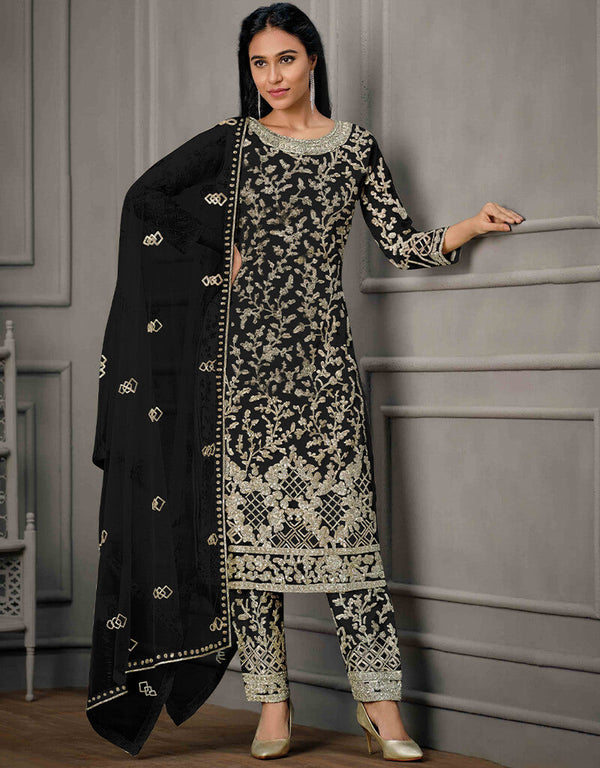 Black Pant style Suit Butterfly Net Salwar Kameez in Cording Embroidery, Sequins & Lace Work