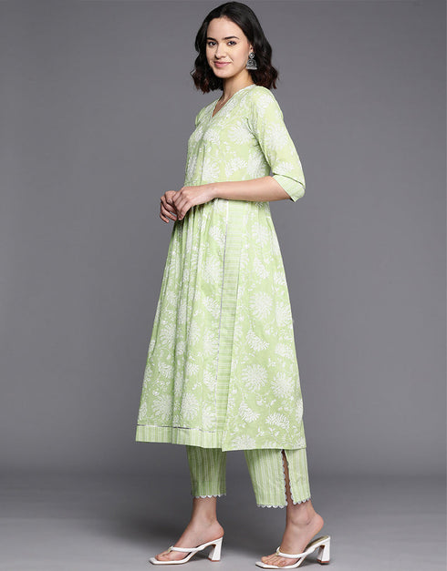 Light Green Pure Cotton Straight Palazzo Women