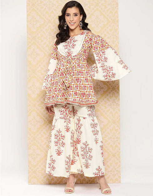 Designer Party Wear Readymade Top Bottom Set White And Peach Pure Cotton Sharara Suit Front View