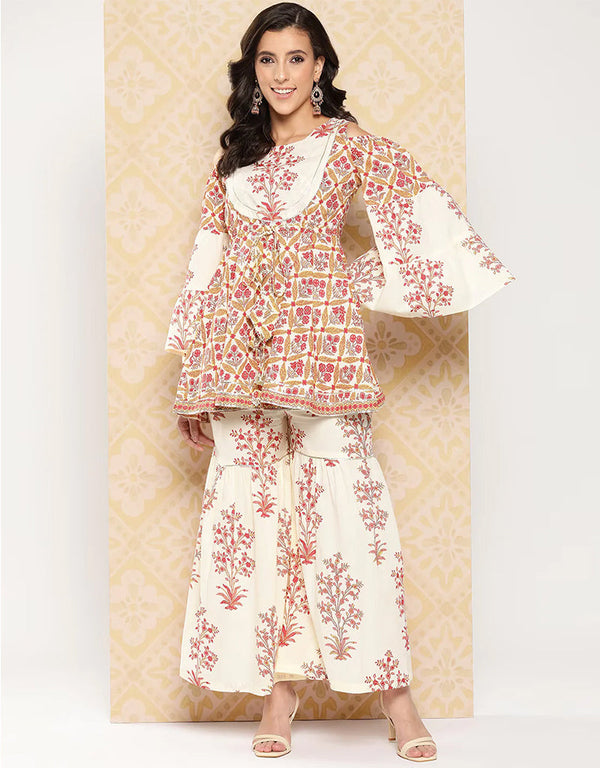 Designer Party Wear Readymade Top Bottom Set White And Peach Pure Cotton Sharara Suit Front View