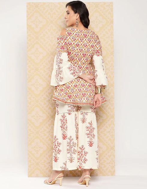 Designer Party Wear Readymade Top Bottom Set White And Peach Pure Cotton Sharara Suit Close-up View