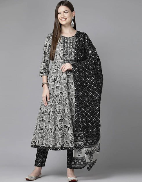 Designer Party Wear Readymade Top Bottom Dupatta Set Grey Black Pure Cotton Pant Anarkali Front View