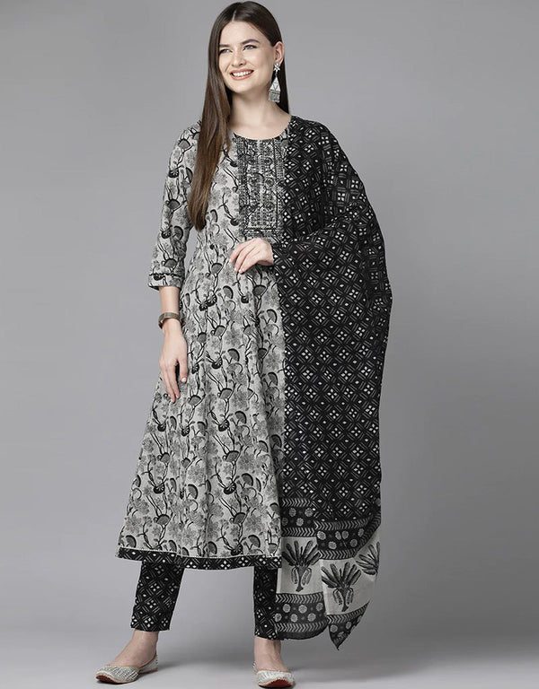 Designer Party Wear Readymade Top Bottom Dupatta Set Grey Black Pure Cotton Pant Anarkali Front View