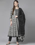 Designer Party Wear Readymade Top Bottom Dupatta Set Grey Black Pure Cotton Pant Anarkali Front View