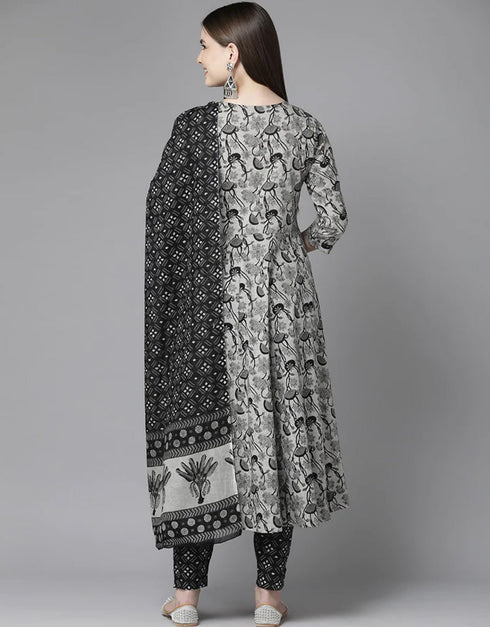 Designer Party Wear Readymade Top Bottom Dupatta Set Grey Black Pure Cotton Pant Anarkali Close-up View