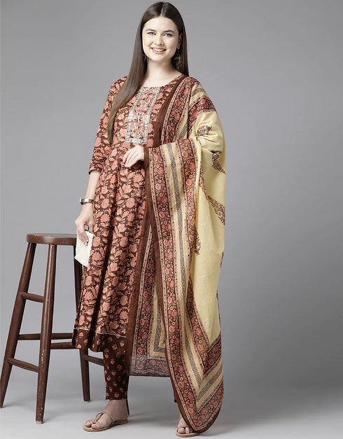 Designer Party Wear Readymade Top Bottom Dupatta Set Brown Pure Cotton Pant Anarkali Front View
