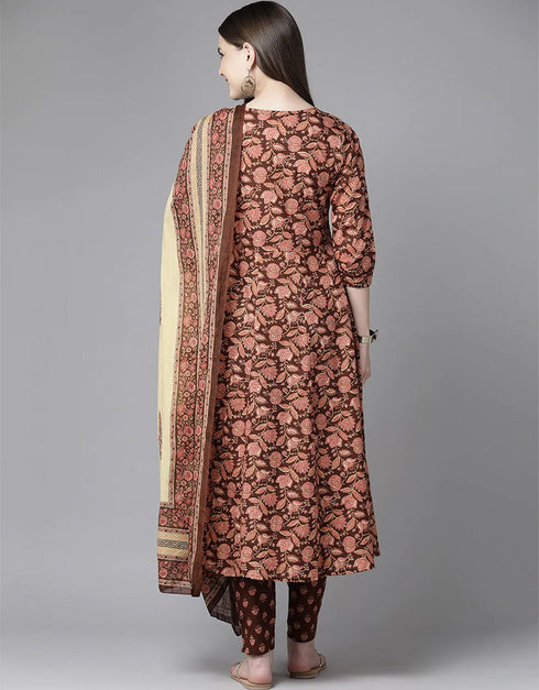 Designer Party Wear Readymade Top Bottom Dupatta Set Brown Pure Cotton Pant Anarkali Close-up View