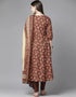 Designer Party Wear Readymade Top Bottom Dupatta Set Brown Pure Cotton Pant Anarkali Close-up View