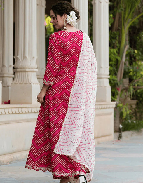 Designer Party Wear Readymade Top Bottom Dupatta Set Red Pink Pure Cotton Pant Anarkali Front View