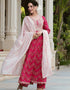 Designer Party Wear Readymade Top Bottom Dupatta Set Red Pink Pure Cotton Pant Anarkali Close-up View