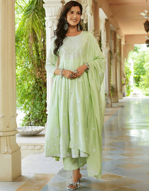 Designer Party Wear Readymade Top Bottom Dupatta Set Light Pista Poly Muslin Pant Anarkali Front View