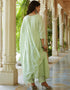 Designer Party Wear Readymade Top Bottom Dupatta Set Light Pista Poly Muslin Pant Anarkali Close-up View