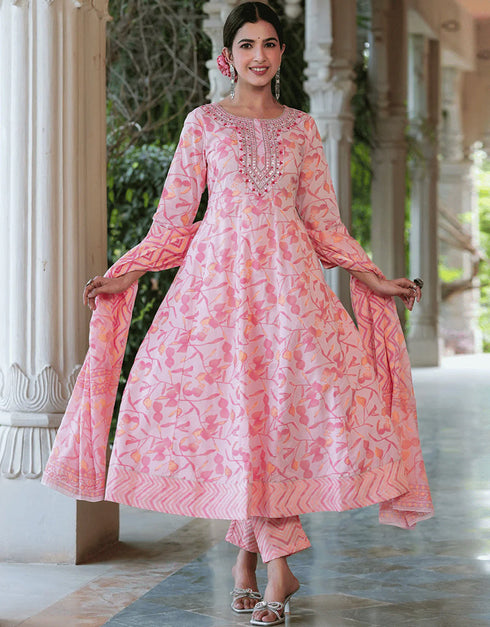 Designer Party Wear Readymade Top Bottom Dupatta Set Baby Pink Pure Cotton Pant Anarkali Front View