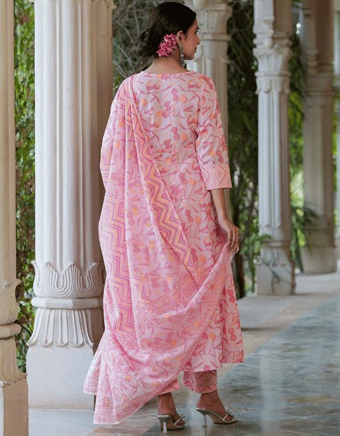 Designer Party Wear Readymade Top Bottom Dupatta Set Baby Pink Pure Cotton Pant Anarkali Close-up View