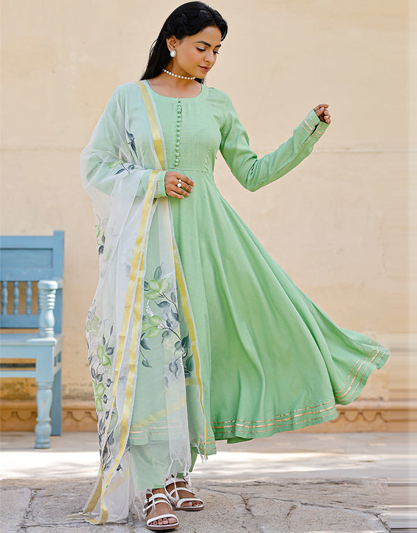 Designer Party Wear Readymade Top Bottom Dupatta Set Pista Green Cotton Slub Pant Anarkali Front View