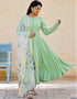 Designer Party Wear Readymade Top Bottom Dupatta Set Pista Green Cotton Slub Pant Anarkali Front View