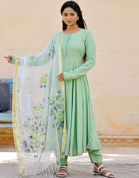 Designer Party Wear Readymade Top Bottom Dupatta Set Pista Green Cotton Slub Pant Anarkali Close-up View