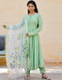 Designer Party Wear Readymade Top Bottom Dupatta Set Pista Green Cotton Slub Pant Anarkali Close-up View