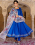 Designer Party Wear Readymade Top Bottom Dupatta Set Royal Blue Rayon Pant Anarkali Front View