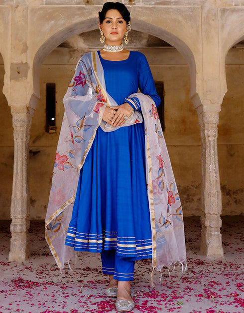 Designer Party Wear Readymade Top Bottom Dupatta Set Royal Blue Rayon Pant Anarkali Close-up View